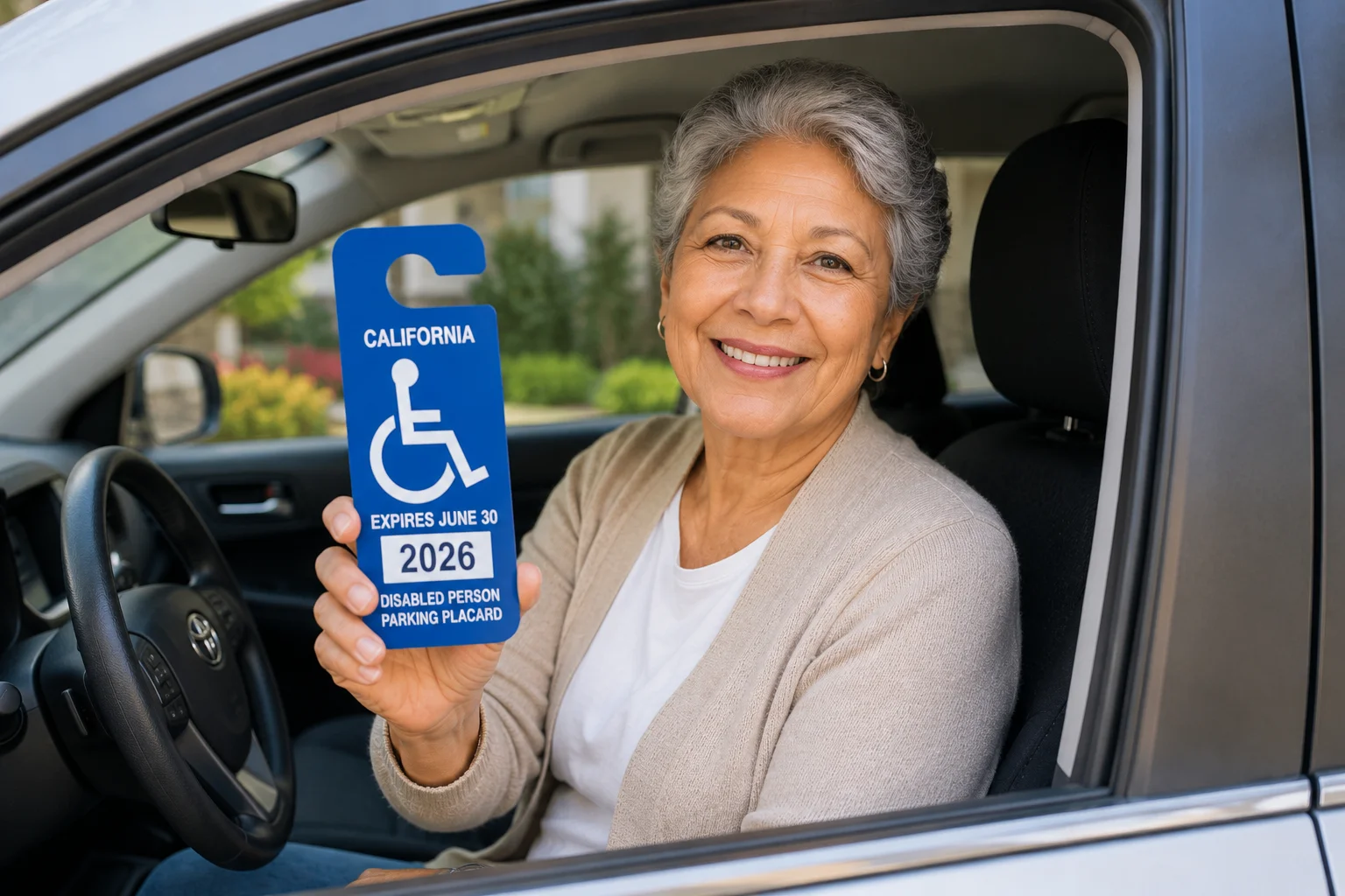 Customer holding California disabled parking placard after DMV paperwork assistance