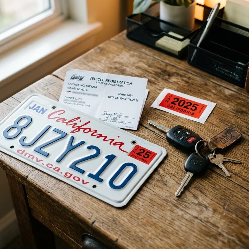 Vehicle license plate showing registration sticker