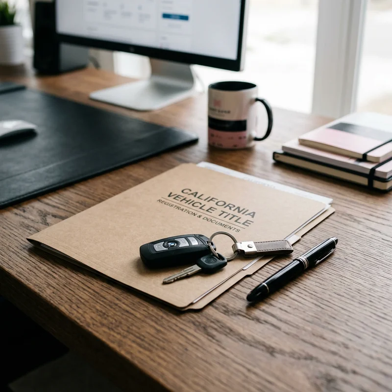 California Certificate of Title paperwork and car keys on a desk