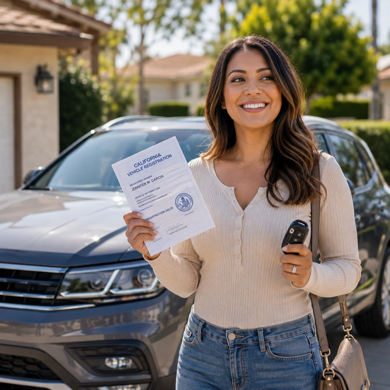 Vehicle owner holding updated registration documents with car keys