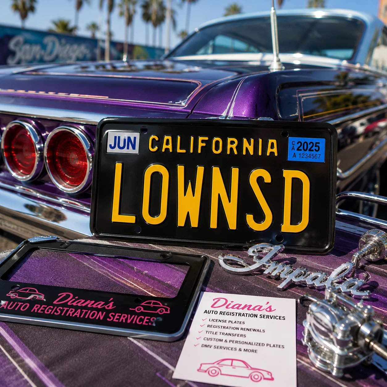 Custom California license plates on classic car with DMV plate services