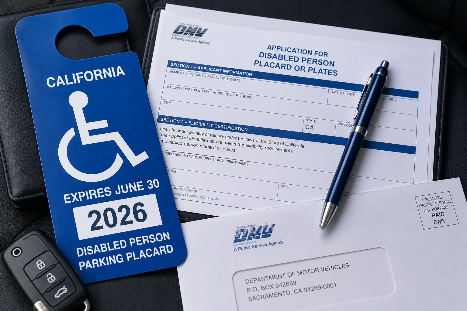 California disabled parking placard application paperwork with vehicle documents