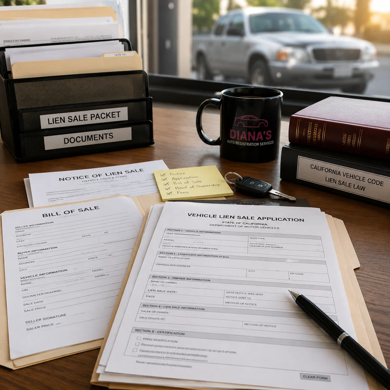 Vehicle owner reviewing lien sale paperwork for abandoned vehicle