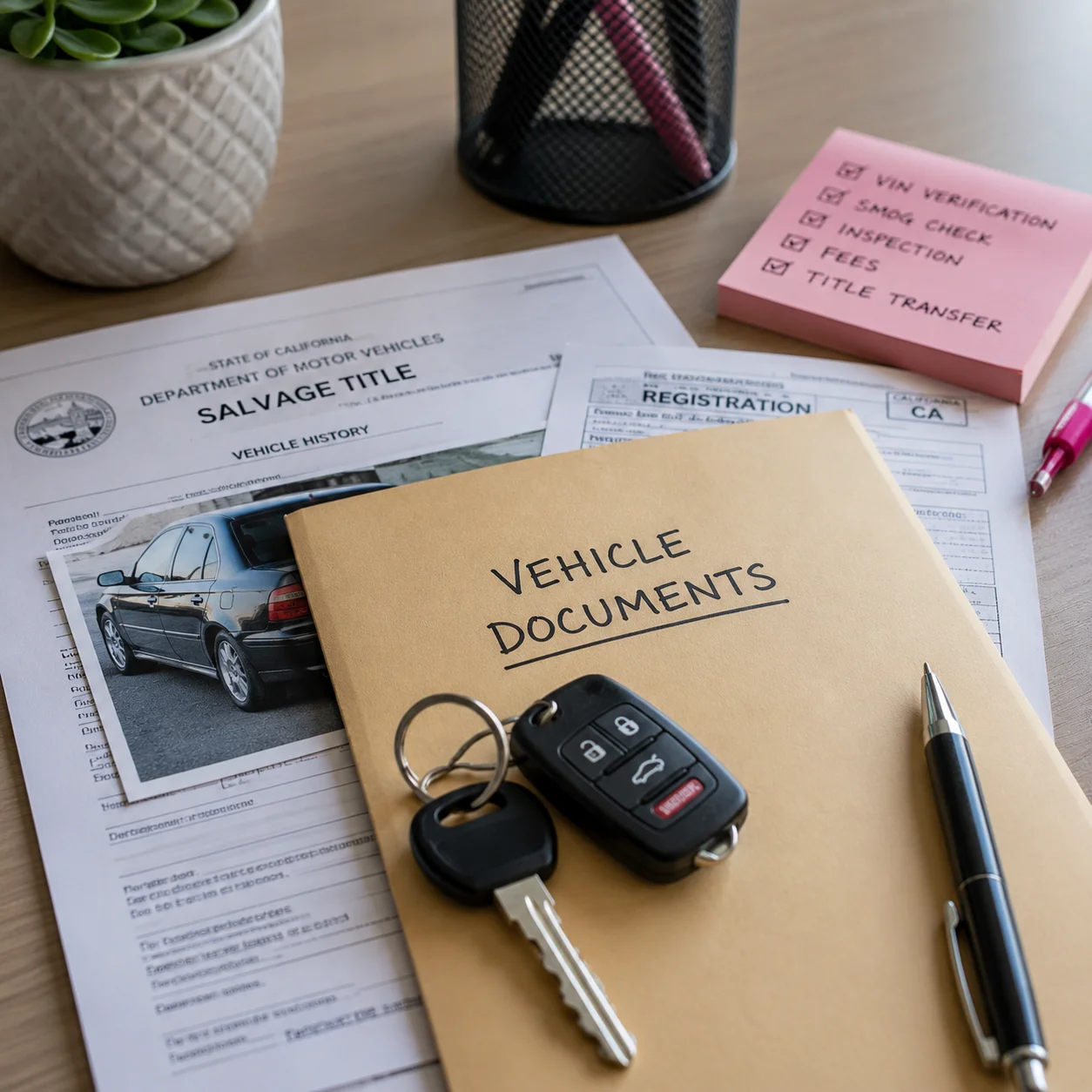 Vehicle paperwork and keys prepared for salvage title registration