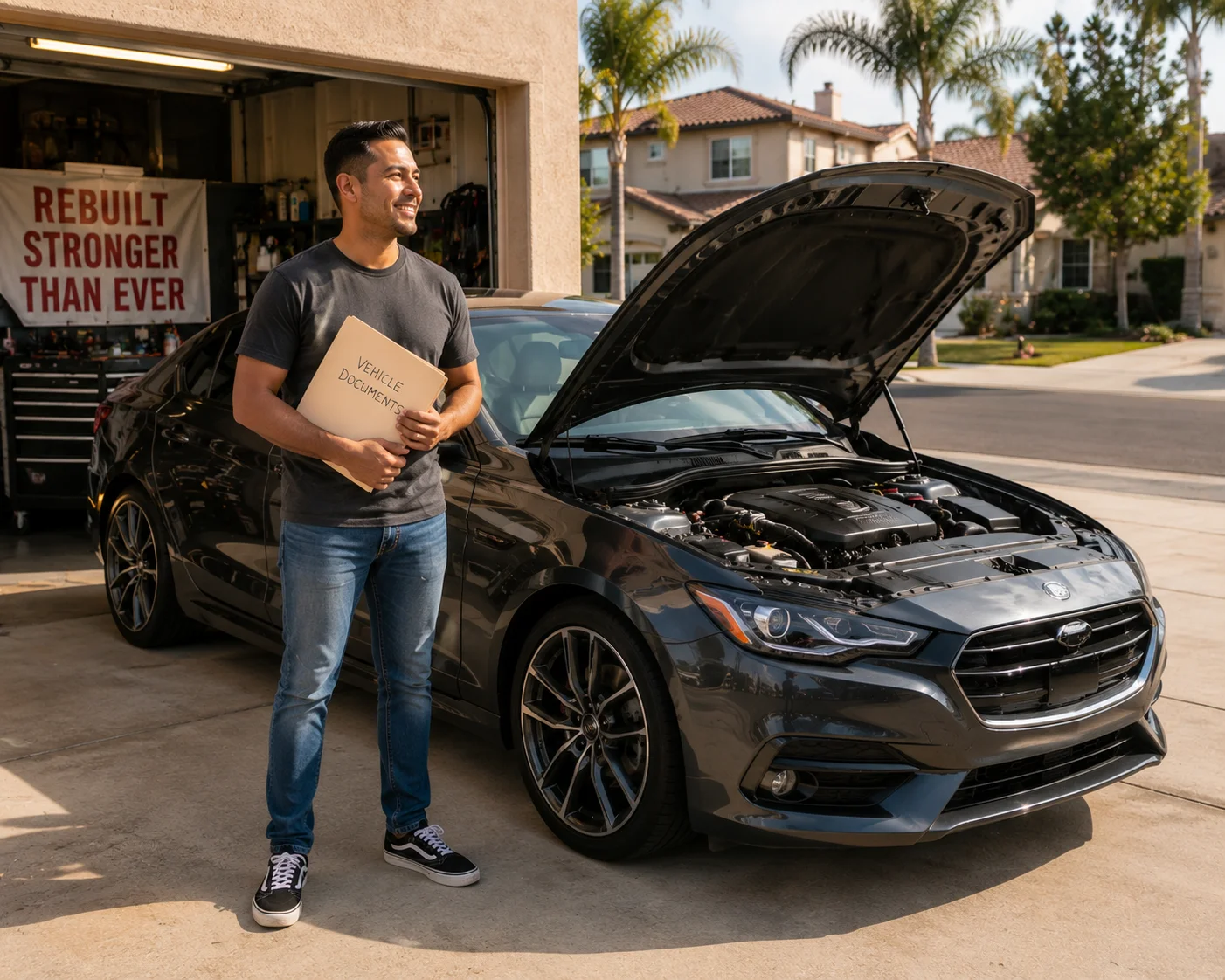 Repaired vehicle owner preparing California title paperwork