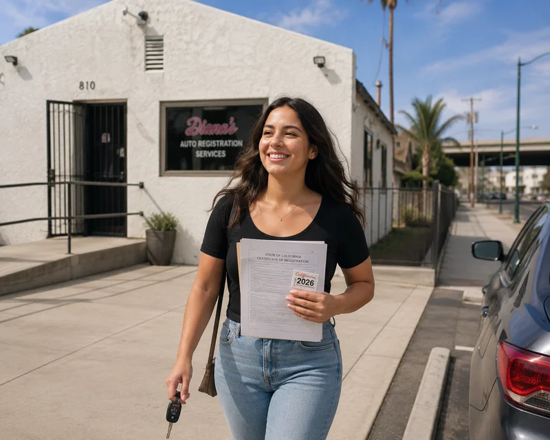 Customer holding completed California vehicle registration documents and fresh stickers