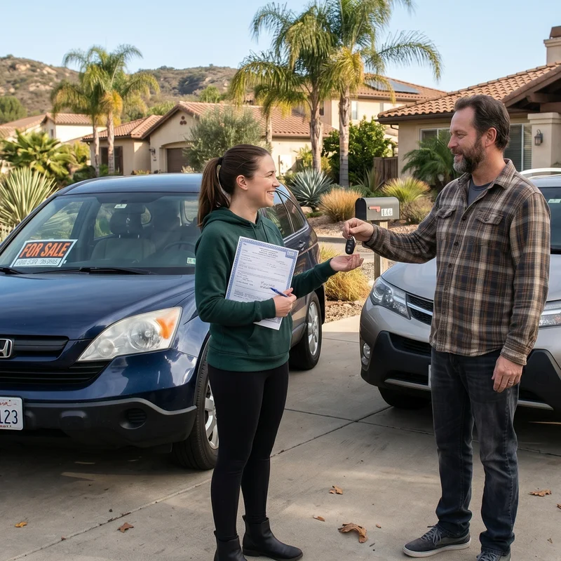 Happy buyer and seller shaking hands, completing car title transfer paperwork