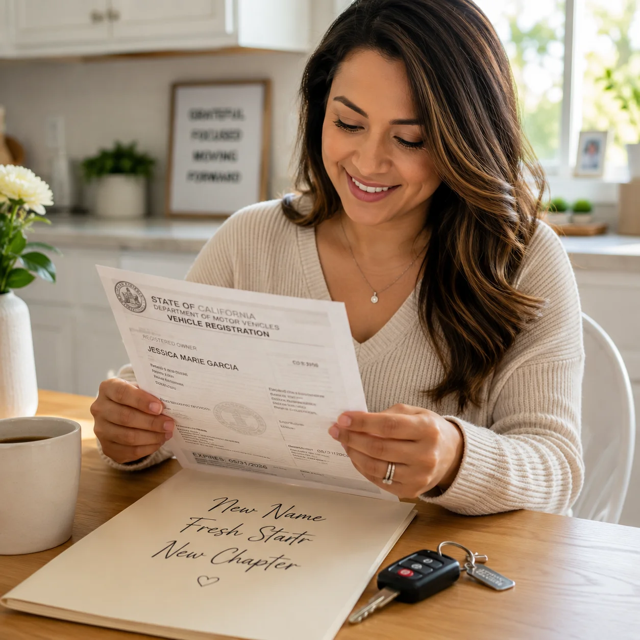 Customer reviewing updated vehicle registration paperwork after a name change